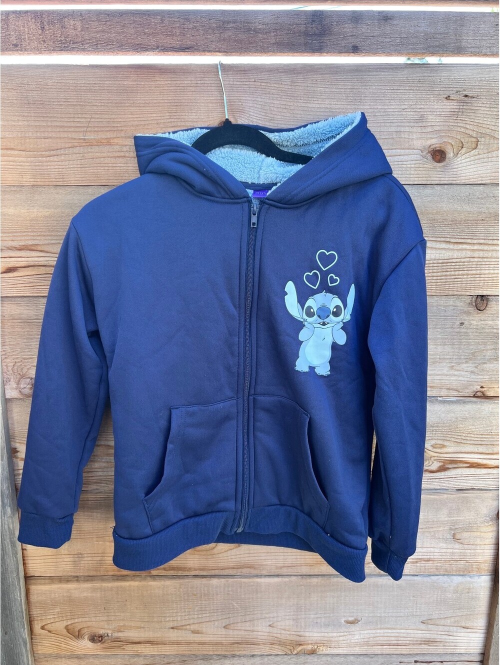 Disney Stitch Large (14) Navy Blue Sherpa-Lined Hoodie Jacket with Front andBack